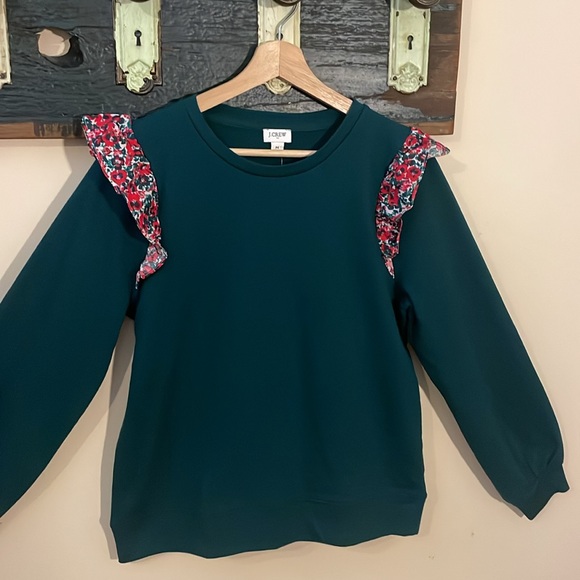 J. Crew Green Sweatshirt with Ruffle Sleeve Size Medium - Picture 6 of 16